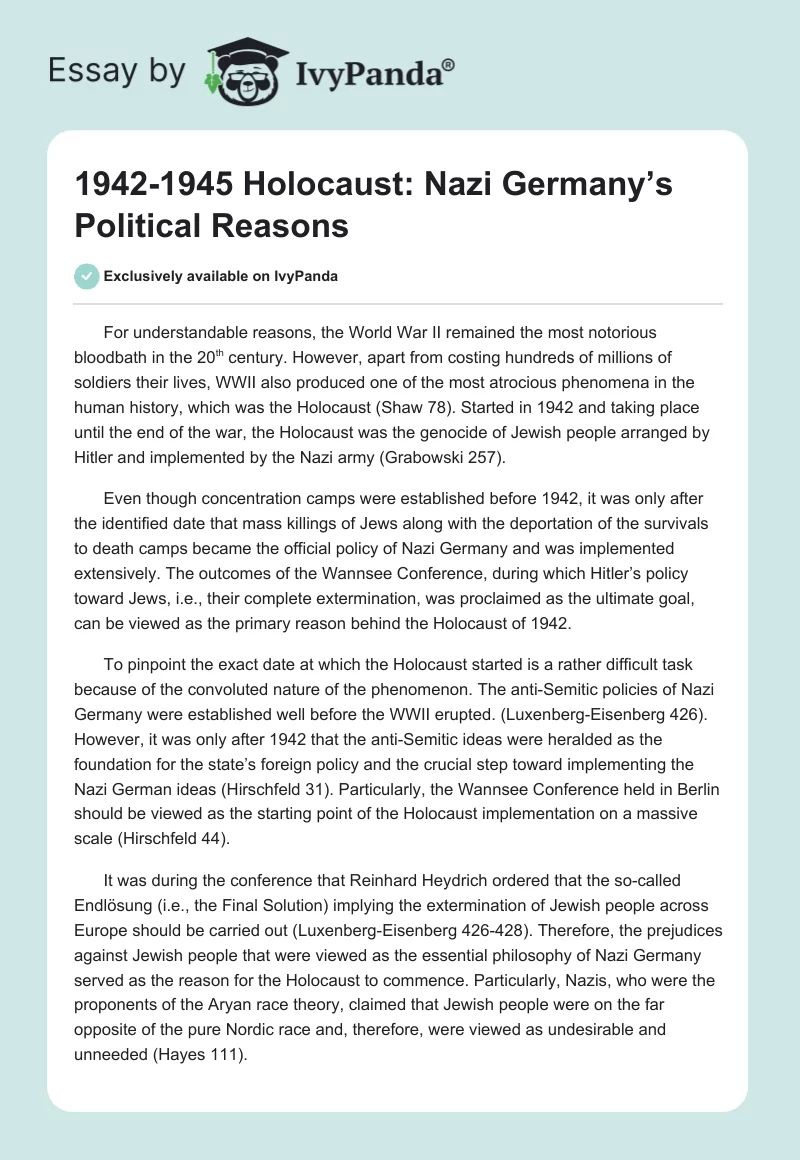 1942-1945 Holocaust: Nazi Germany’s Political Reasons. Page 1