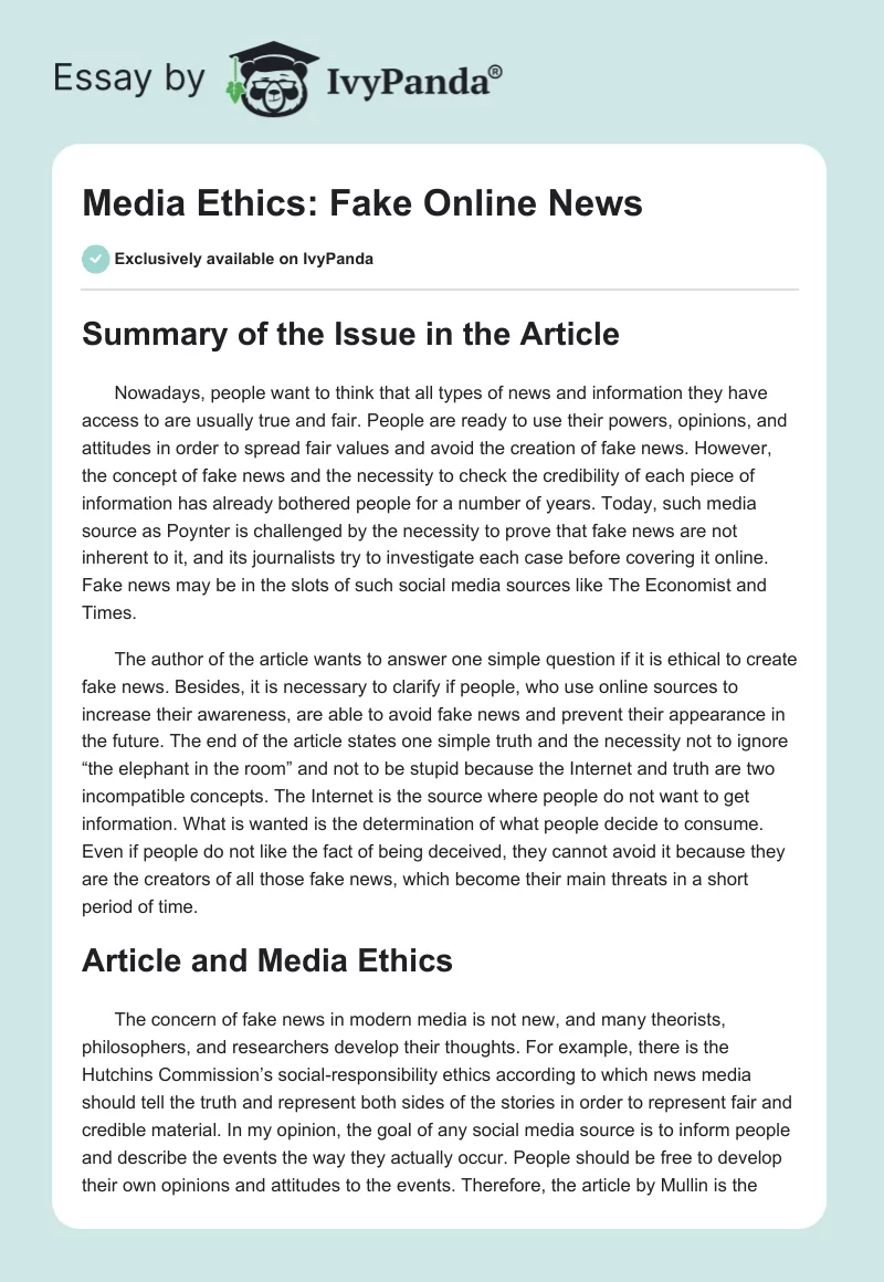 Media Ethics: Fake Online News. Page 1