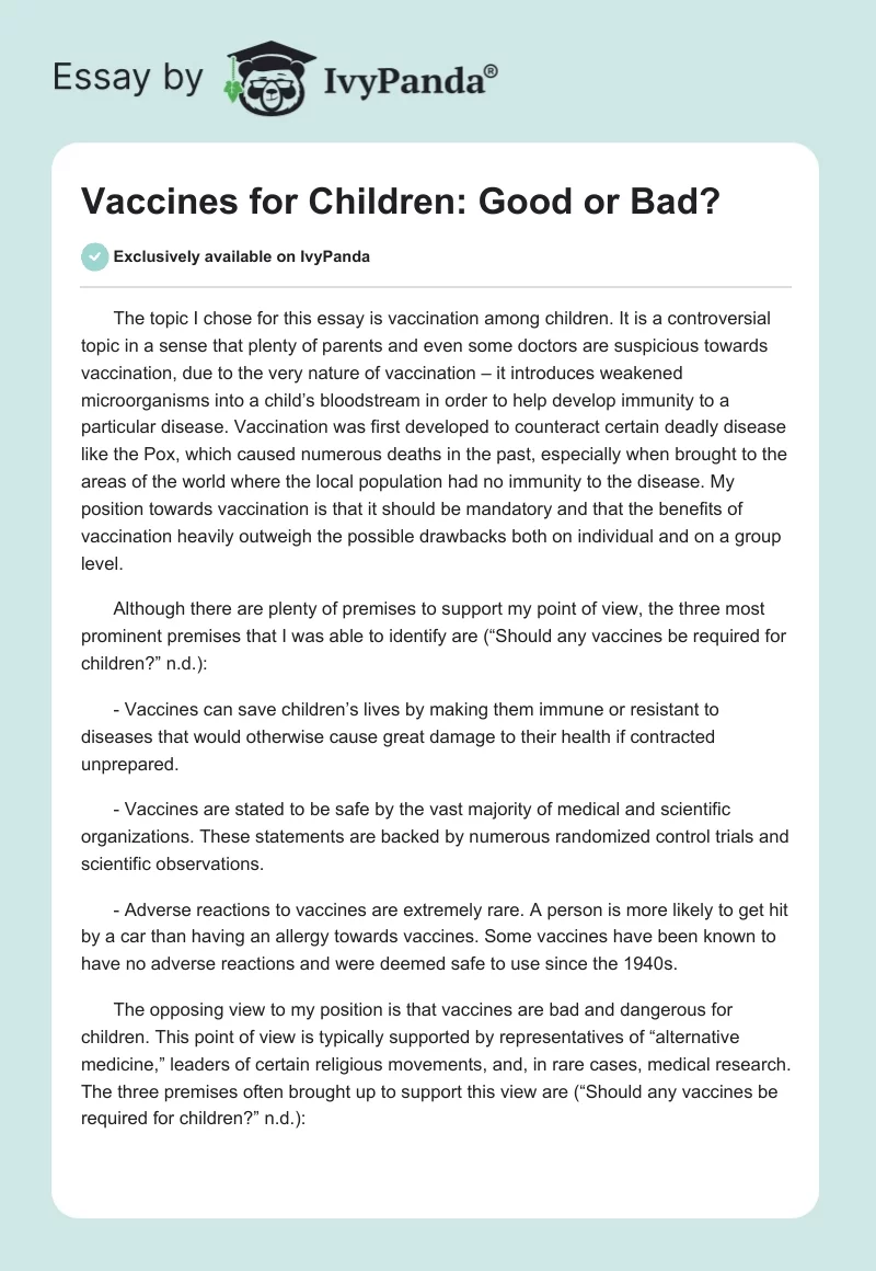 Vaccines for Children: Good or Bad?. Page 1