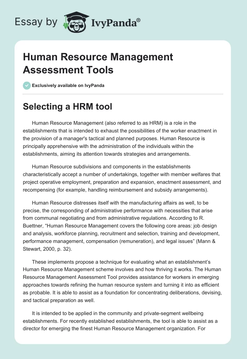 Human Resource Management Assessment Tools. Page 1