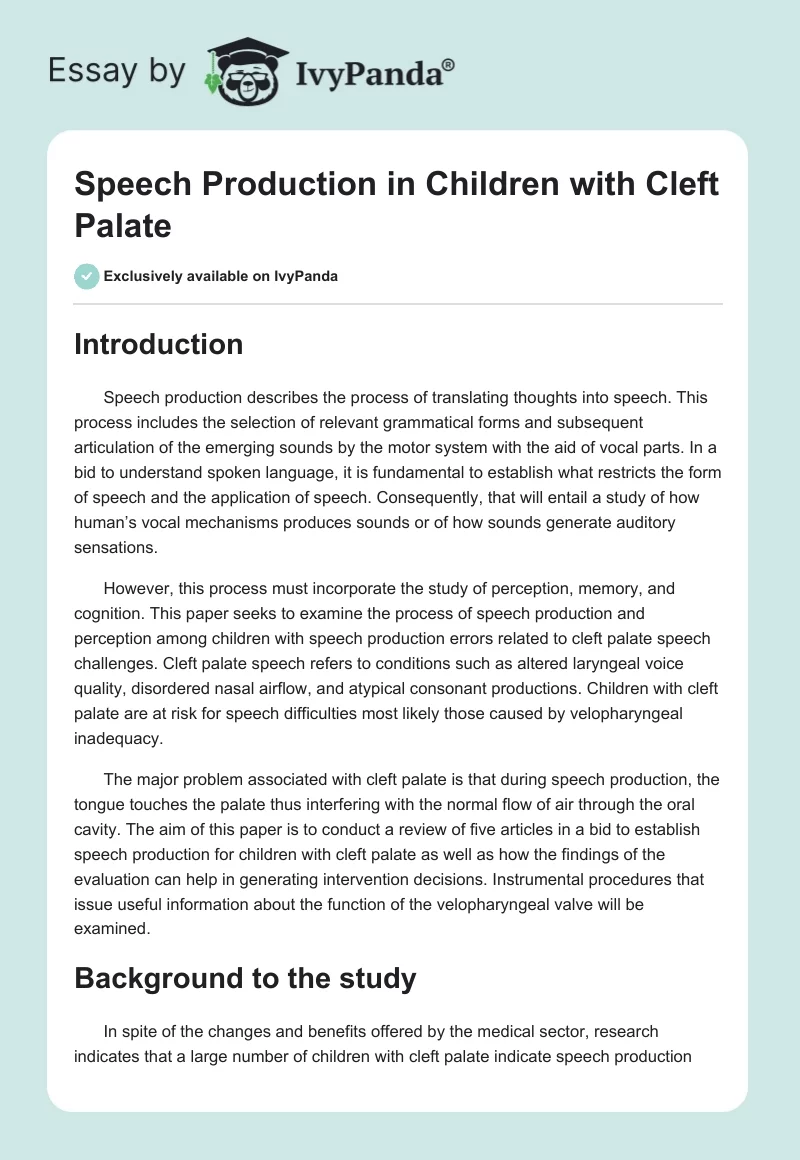 Speech Production in Children with Cleft Palate. Page 1