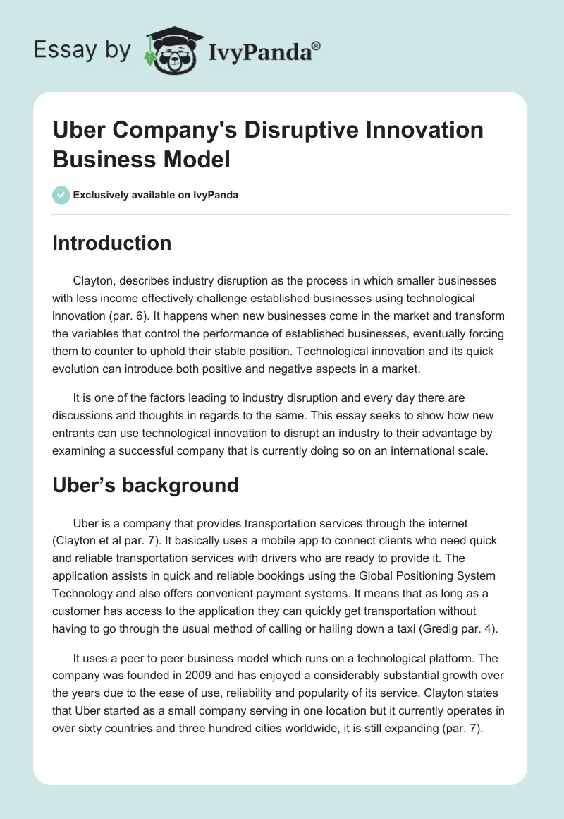 Uber Company's Disruptive Innovation Business Model. Page 1