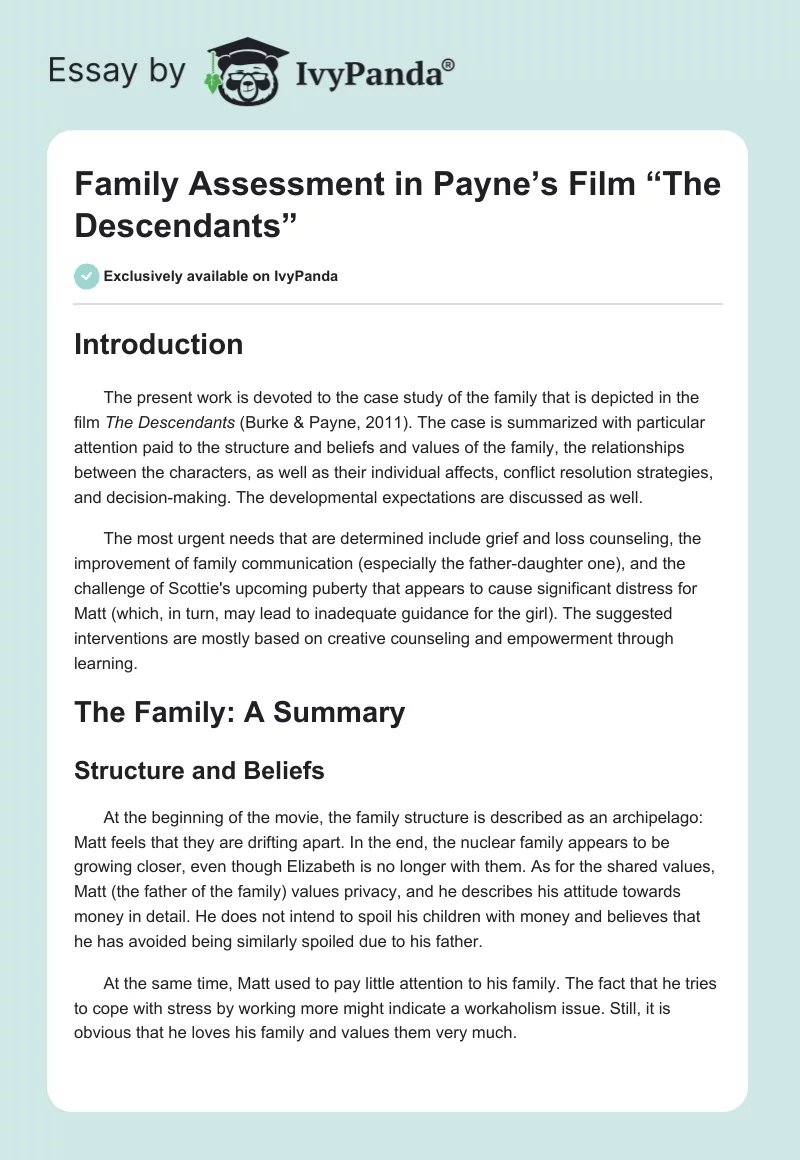 Family Assessment in Payne’s Film “The Descendants”. Page 1