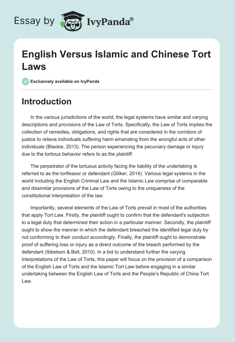 English Versus Islamic and Chinese Tort Laws. Page 1