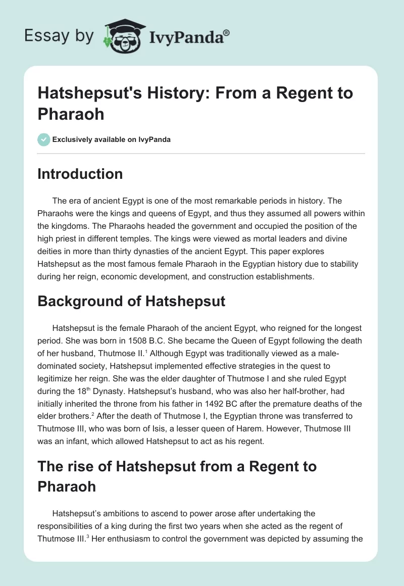 Hatshepsut's History: From a Regent to Pharaoh. Page 1