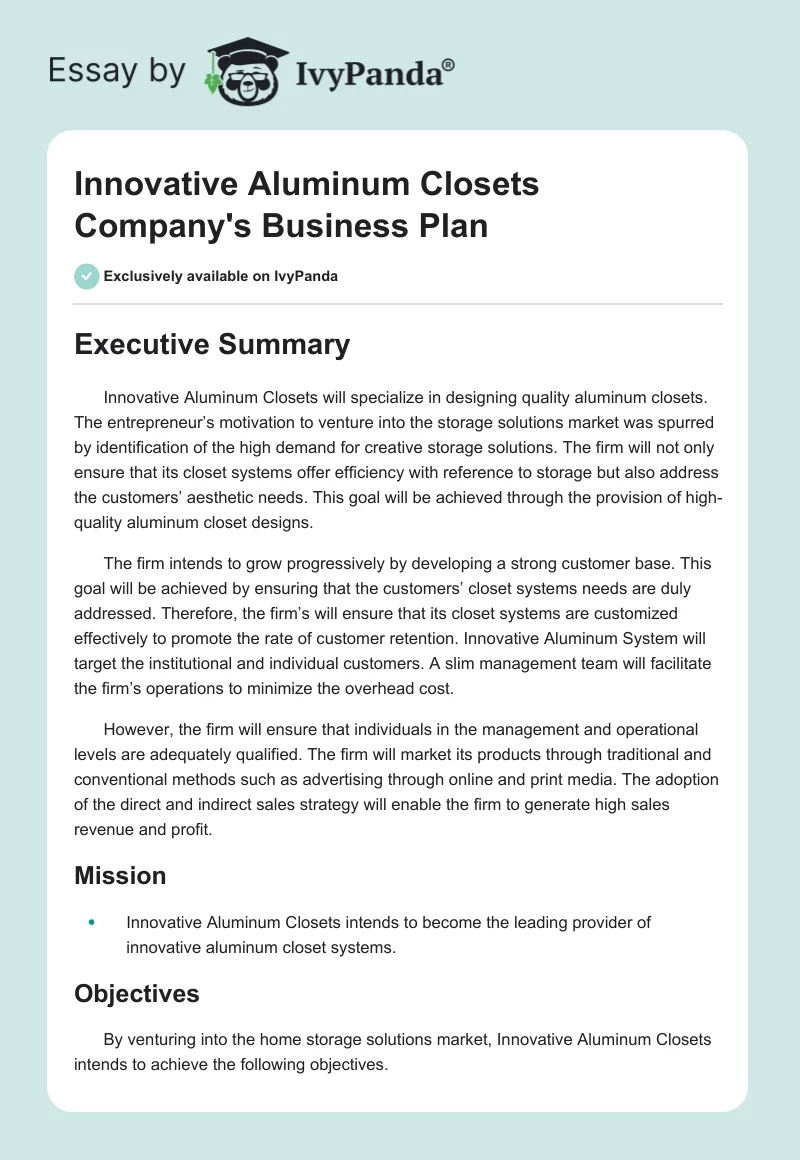 Innovative Aluminum Closets Company's Business Plan. Page 1