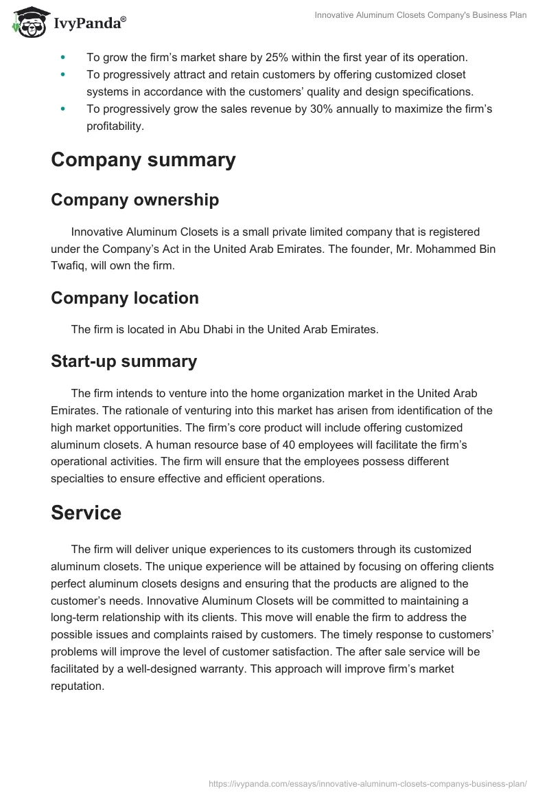 Innovative Aluminum Closets Company's Business Plan. Page 2
