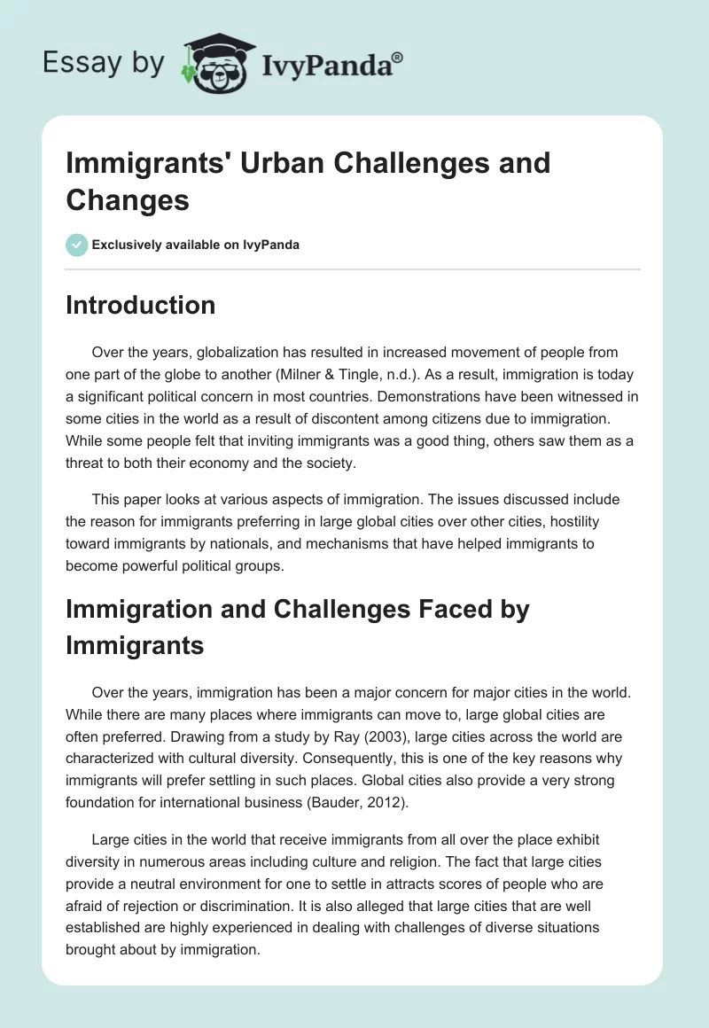Immigrants' Urban Challenges and Changes. Page 1
