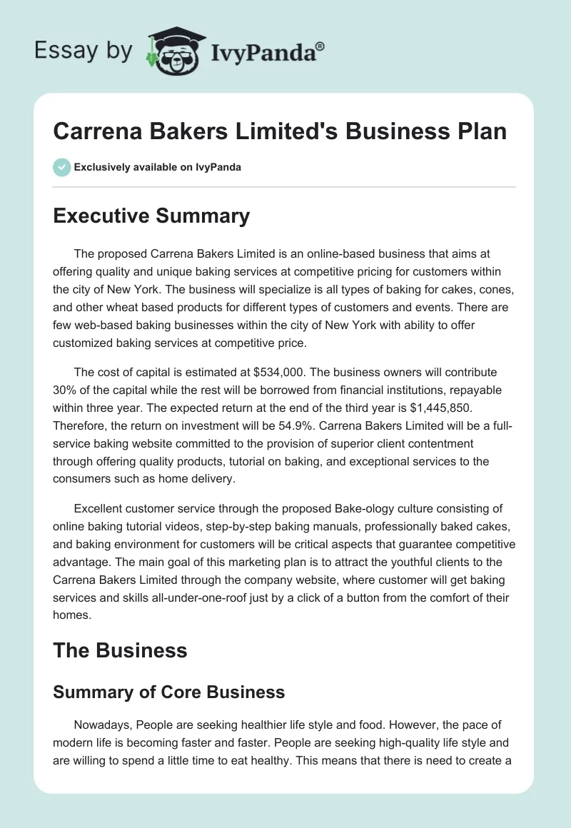 Carrena Bakers Limited's Business Plan. Page 1