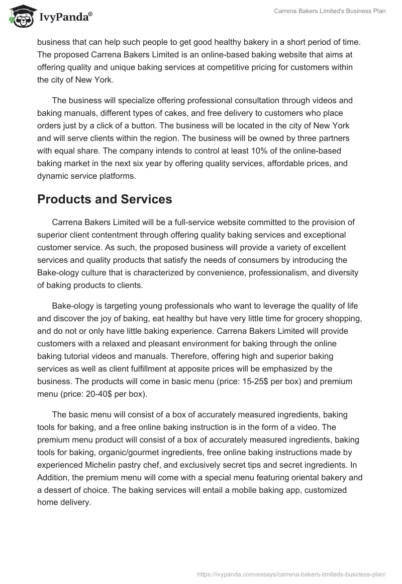 Carrena Bakers Limited's Business Plan. Page 2