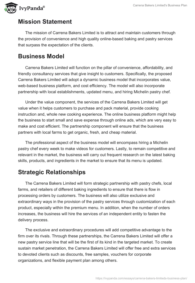 Carrena Bakers Limited's Business Plan. Page 3