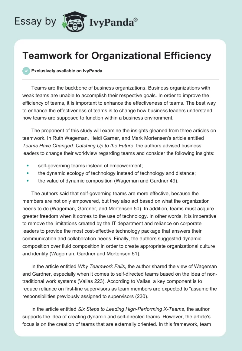 Teamwork for Organizational Efficiency. Page 1