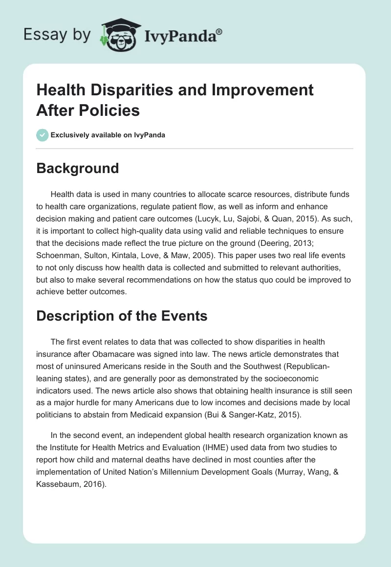 Health Disparities and Improvement After Policies. Page 1