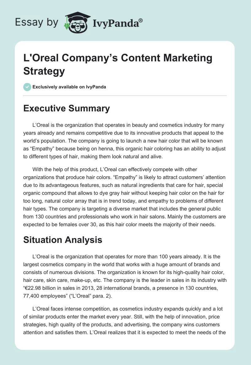 L'Oreal Company’s Content Marketing Strategy. Page 1