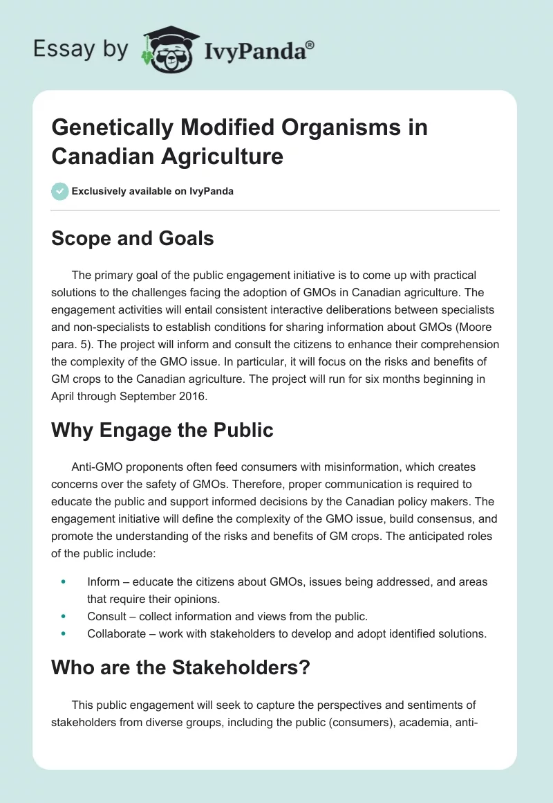 Genetically Modified Organisms in Canadian Agriculture. Page 1