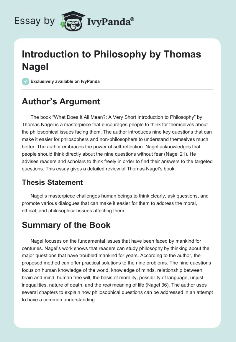 Introduction to Philosophy by Thomas Nagel. Page 1