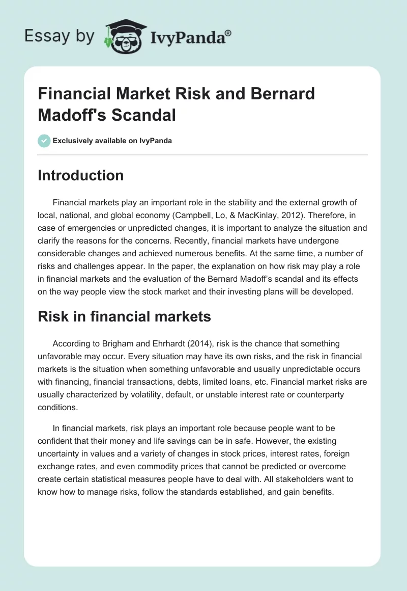 Financial Market Risk and Bernard Madoff's Scandal. Page 1