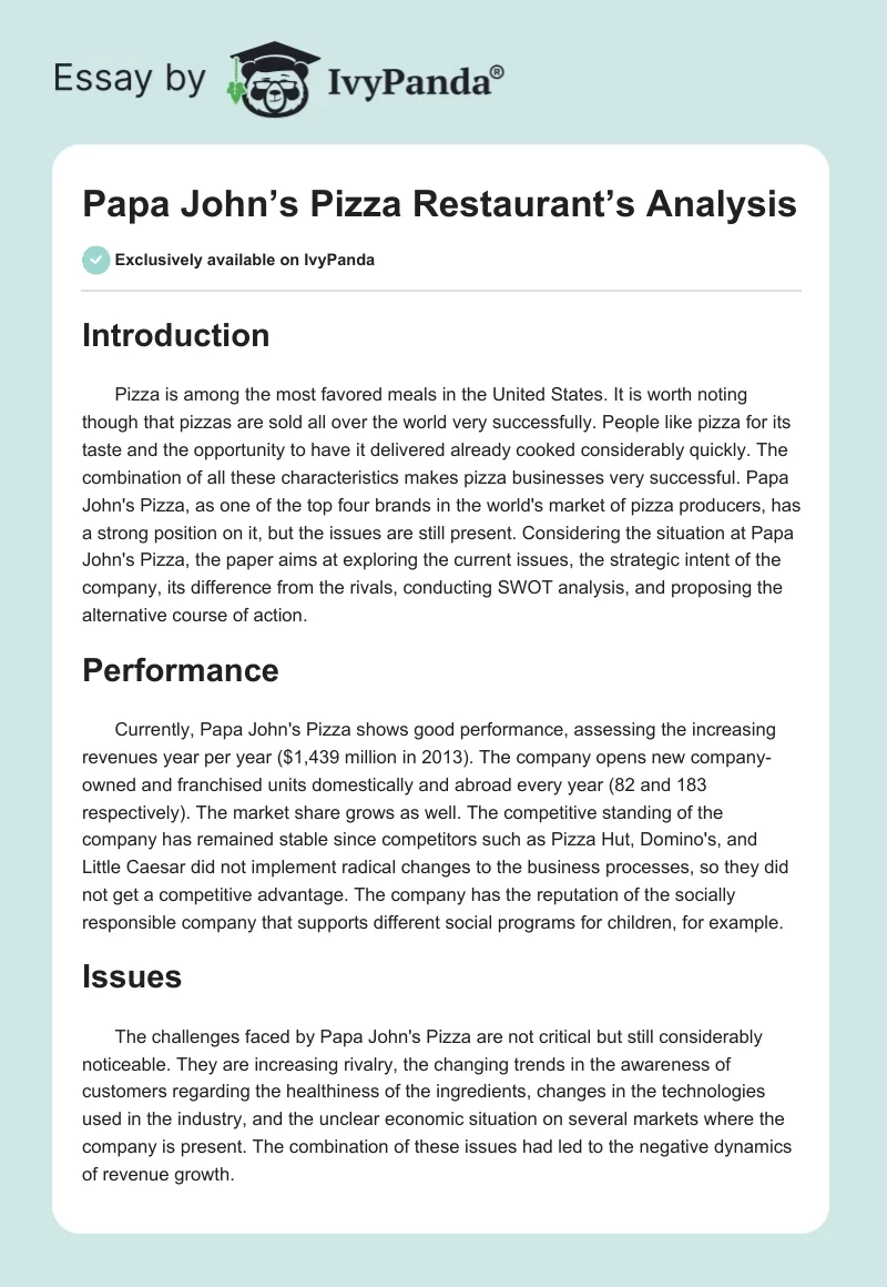 Papa John’s Pizza Restaurant’s Analysis. Page 1