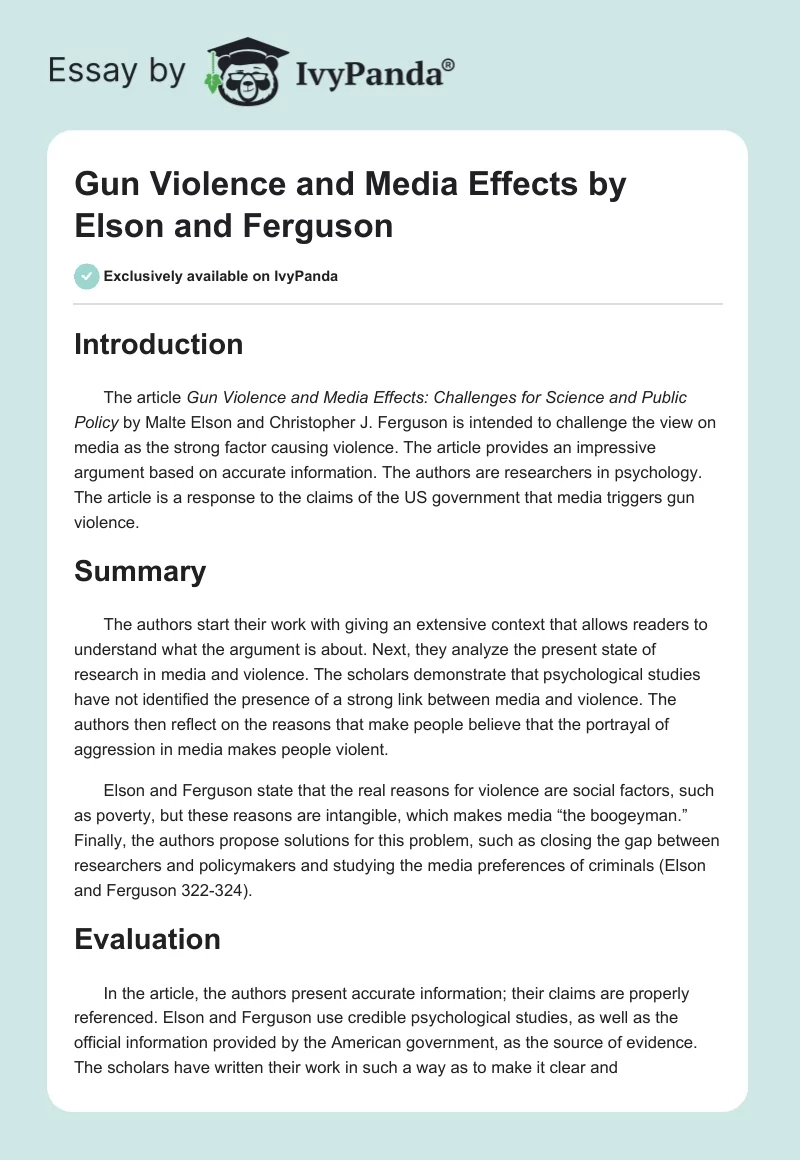 "Gun Violence and Media Effects" by Elson and Ferguson. Page 1