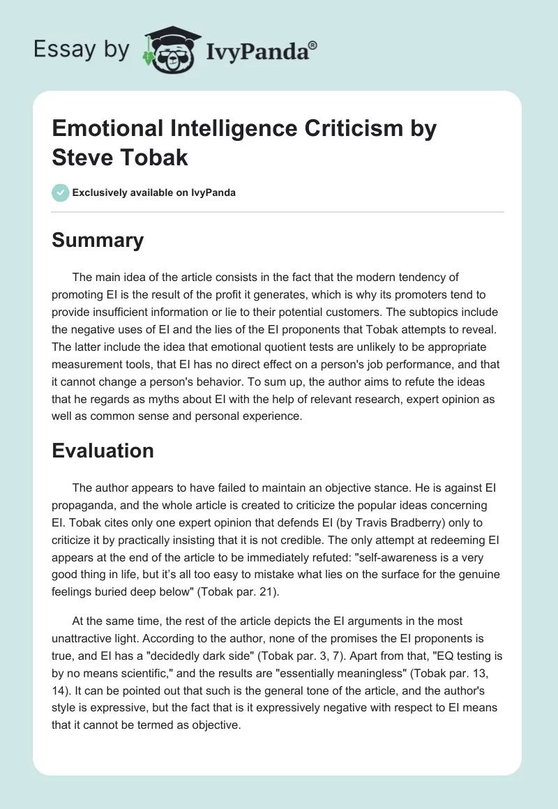 Emotional Intelligence Criticism by Steve Tobak. Page 1