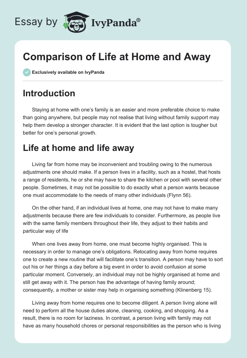Comparison of Life at Home and Away. Page 1