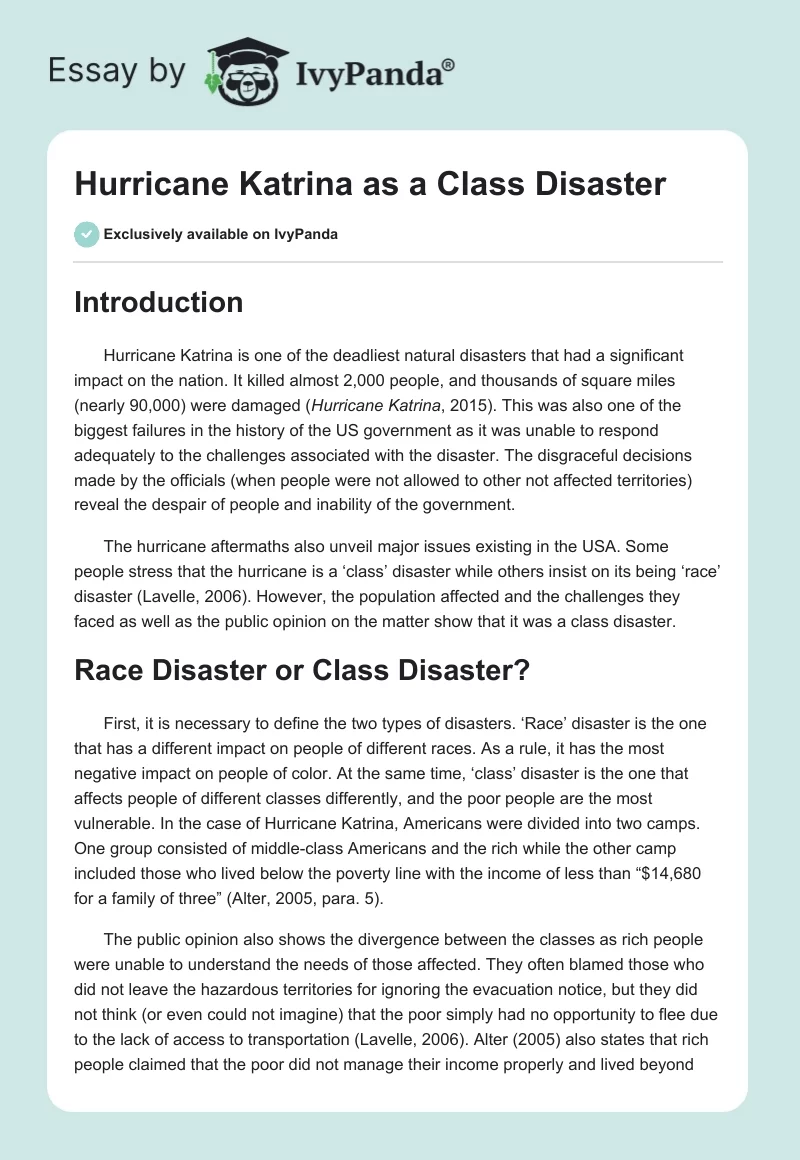 Hurricane Katrina as a Class Disaster. Page 1