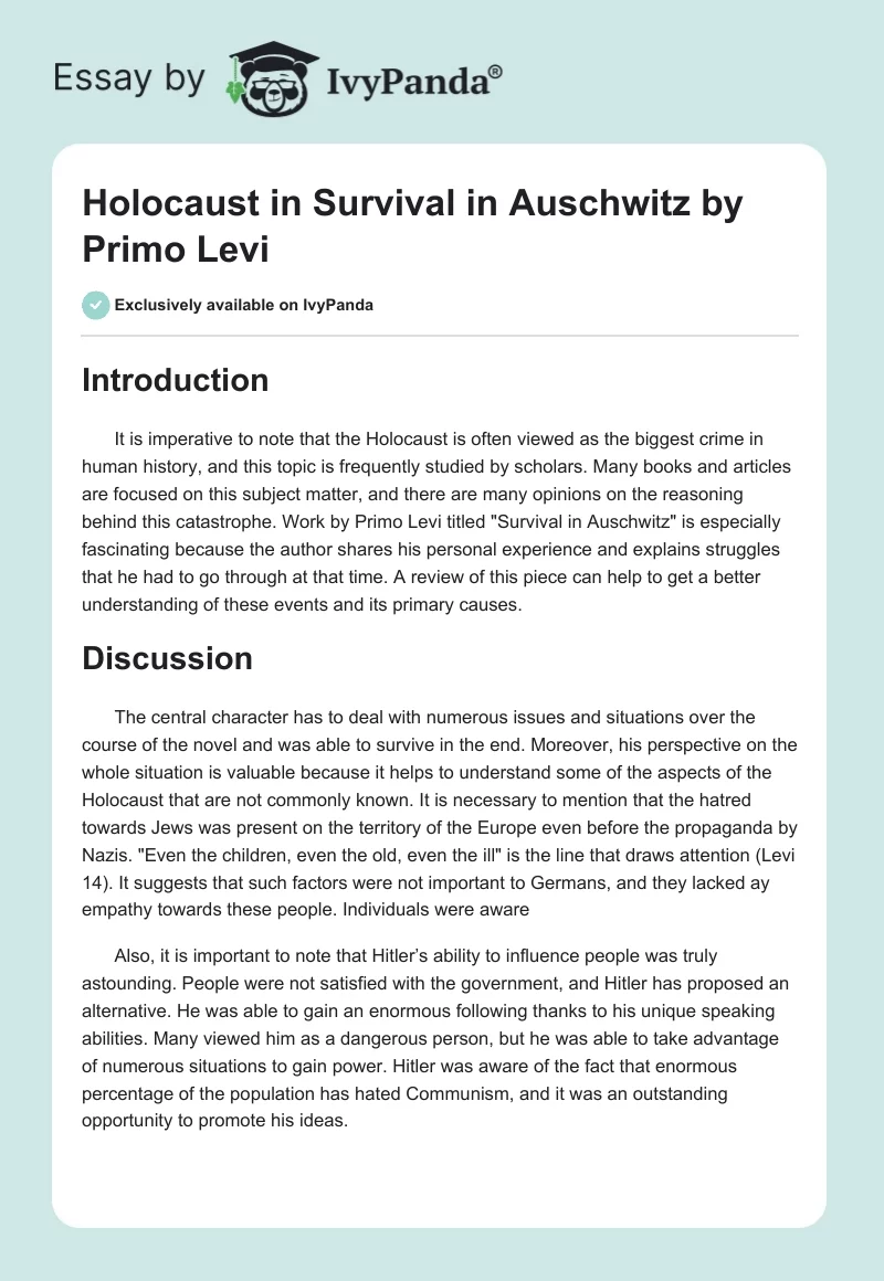 Holocaust in "Survival in Auschwitz" by Primo Levi. Page 1