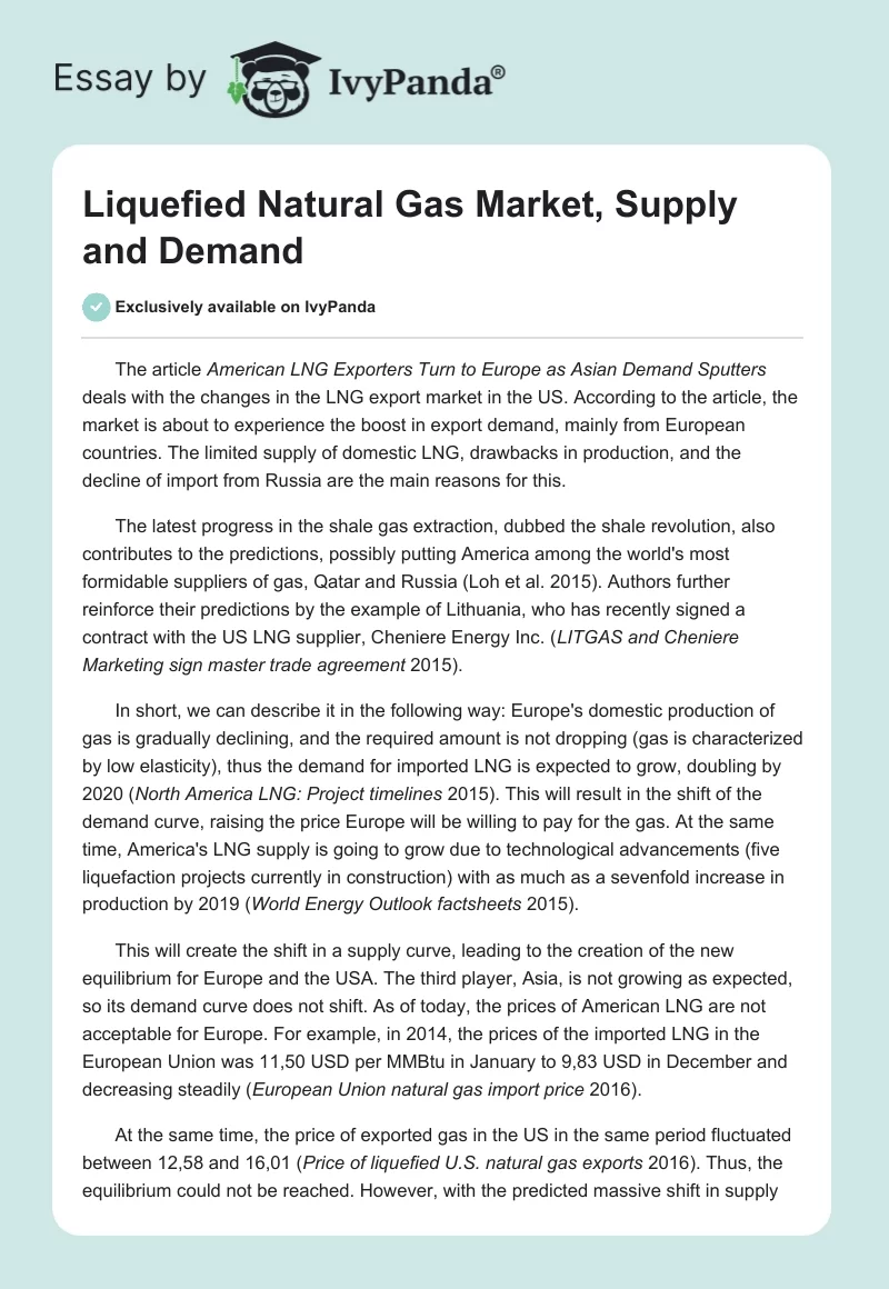 Liquefied Natural Gas Market, Supply and Demand. Page 1