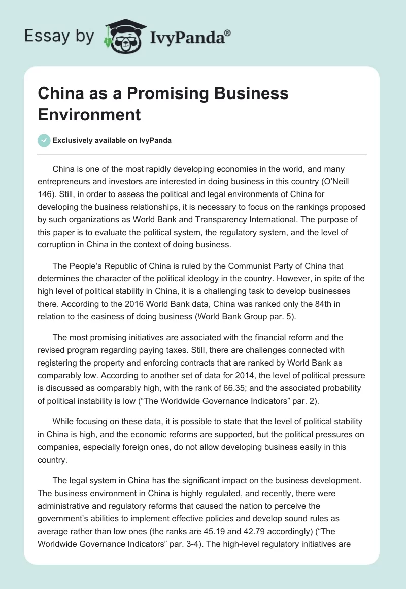 China as a Promising Business Environment. Page 1