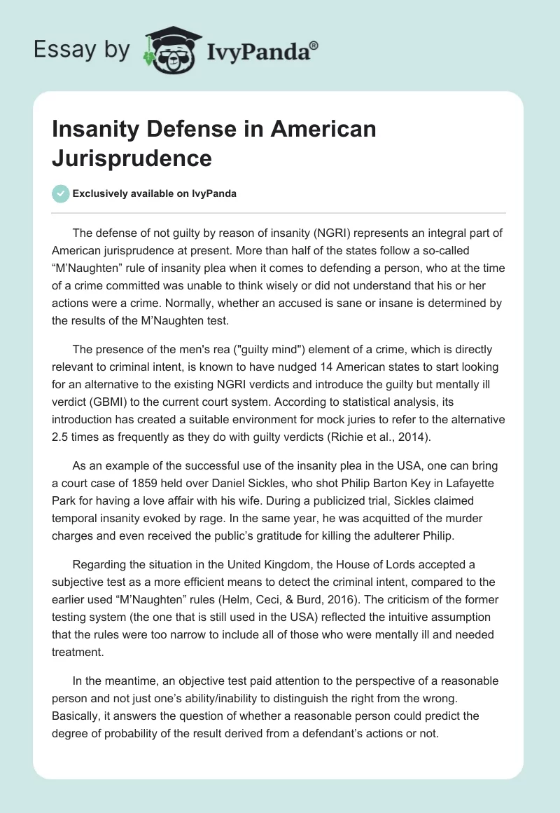 Insanity Defense in American Jurisprudence. Page 1