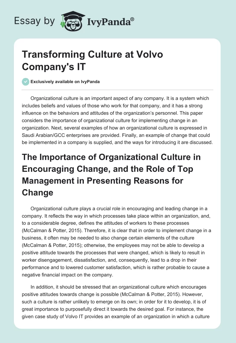 Transforming Culture at Volvo Company's IT. Page 1