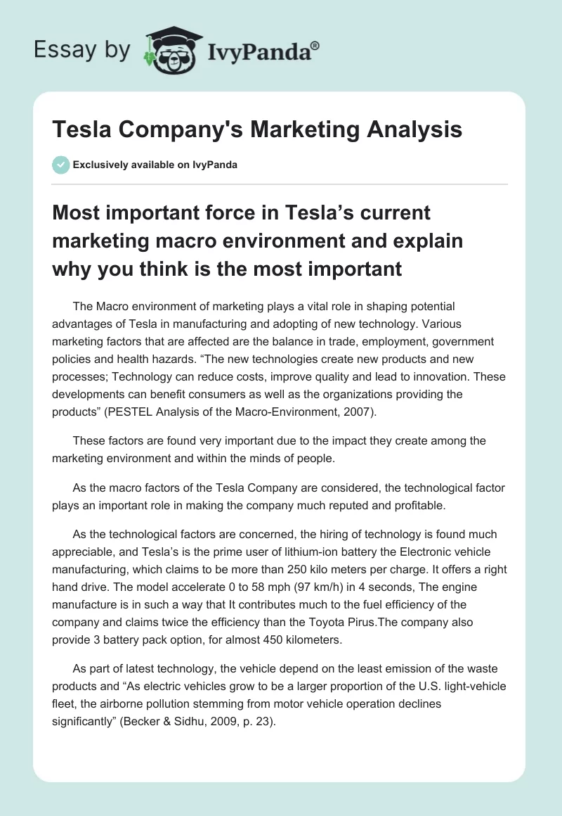 Tesla Company's Marketing Analysis. Page 1