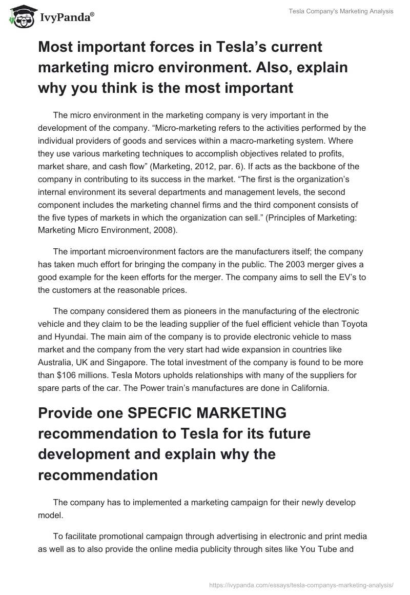Tesla Company's Marketing Analysis. Page 2