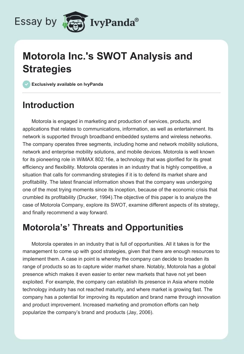 Motorola Inc.'s SWOT Analysis and Strategies. Page 1