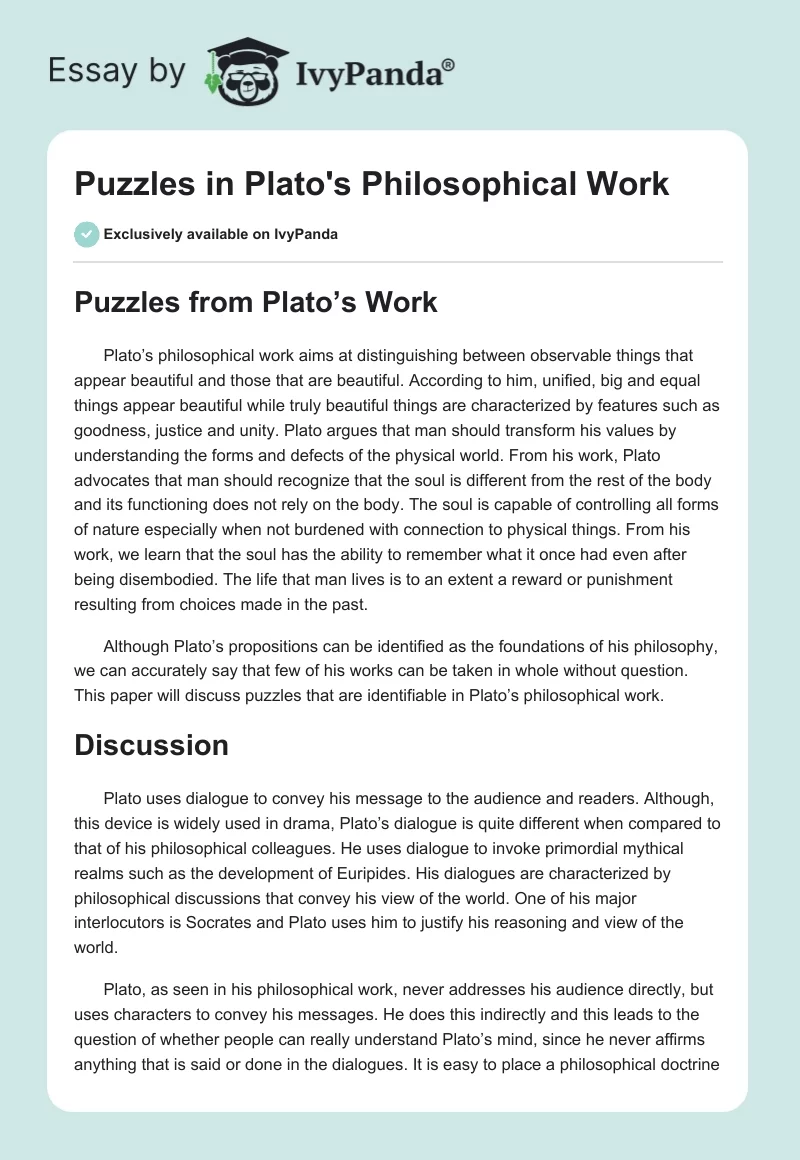 Puzzles in Plato's Philosophical Work. Page 1