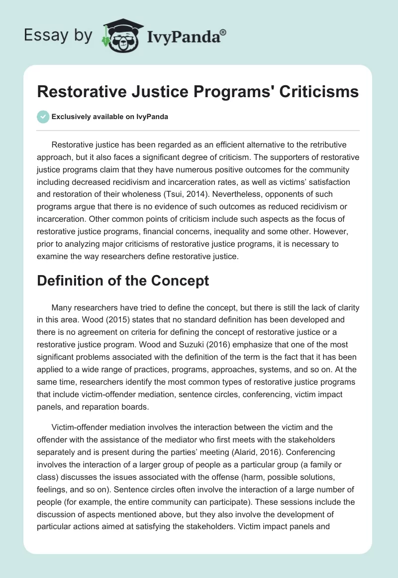 Restorative Justice Programs' Criticisms. Page 1