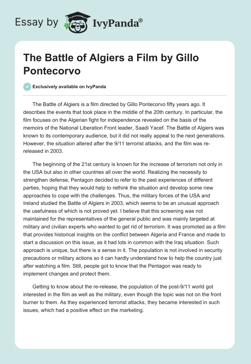 "The Battle of Algiers" a Film by Gillo Pontecorvo. Page 1