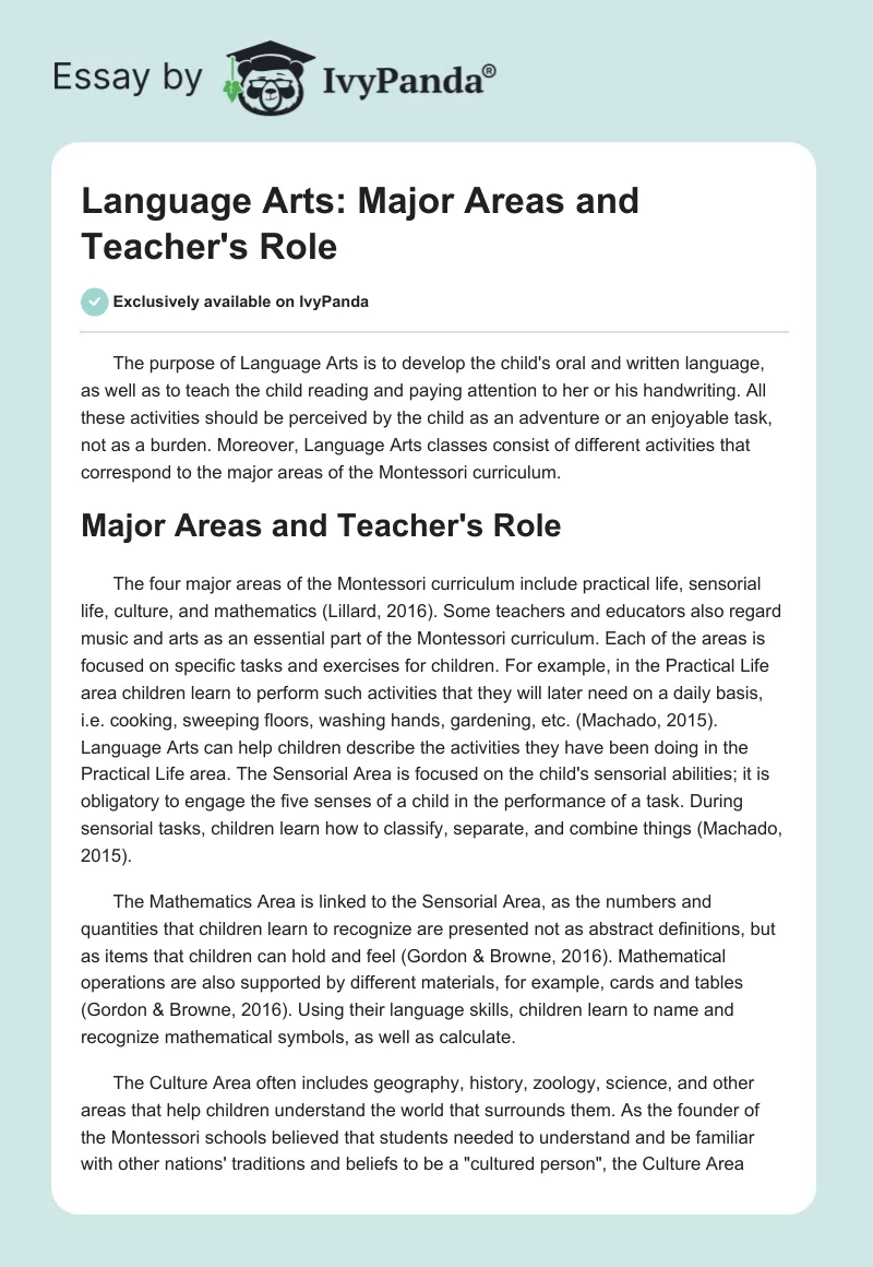 Language Arts: Major Areas and Teacher's Role. Page 1