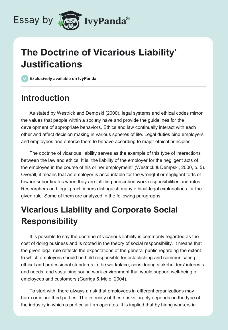 The Doctrine of Vicarious Liability' Justifications. Page 1