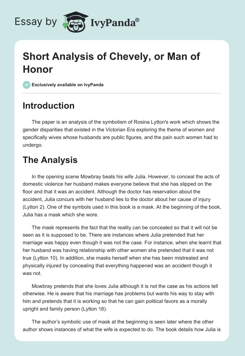 Short Analysis of Chevely, or Man of Honor. Page 1