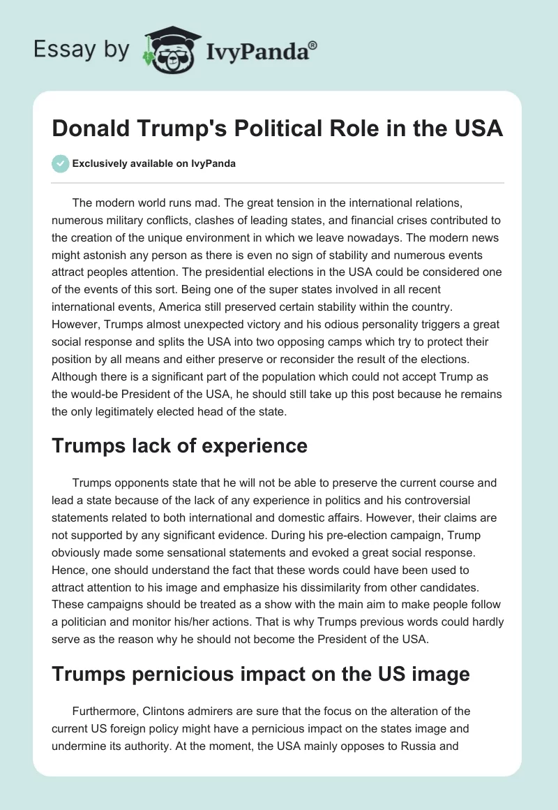 Donald Trump's Political Role in the USA. Page 1
