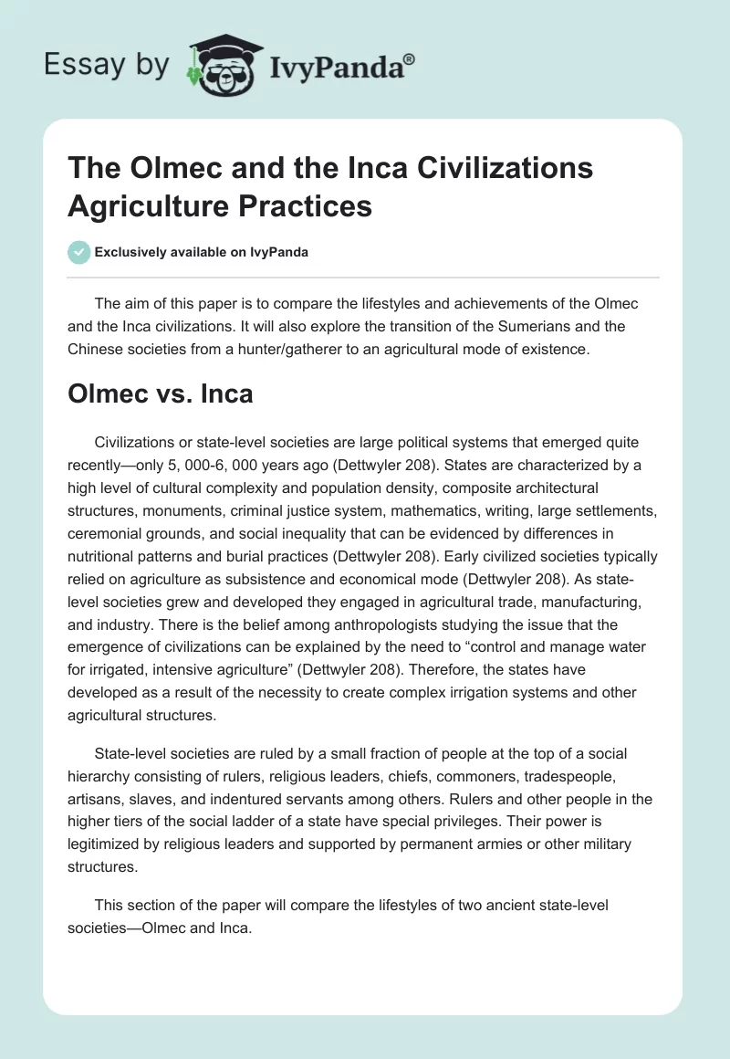 The Olmec and the Inca Civilizations Agriculture Practices. Page 1