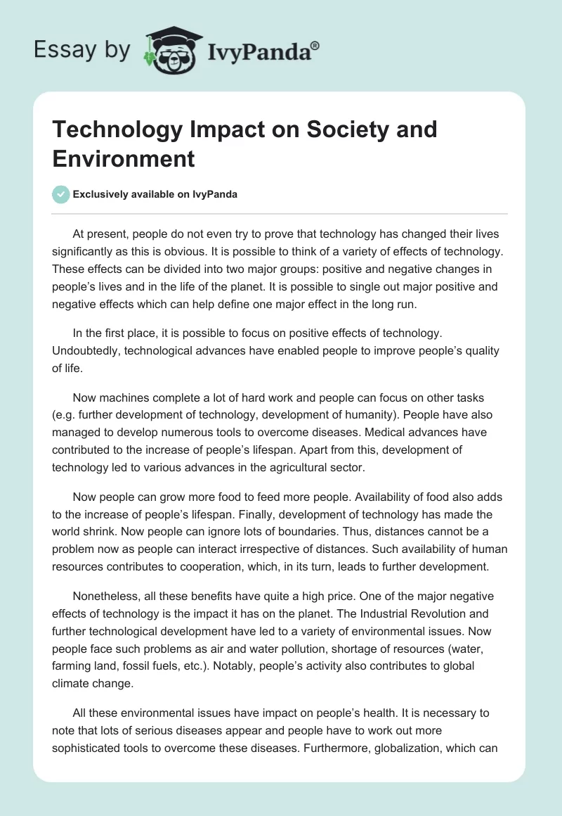 Technology Impact on Society and Environment. Page 1