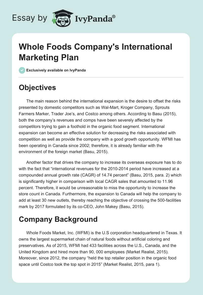 Whole Foods Company's International Marketing Plan. Page 1