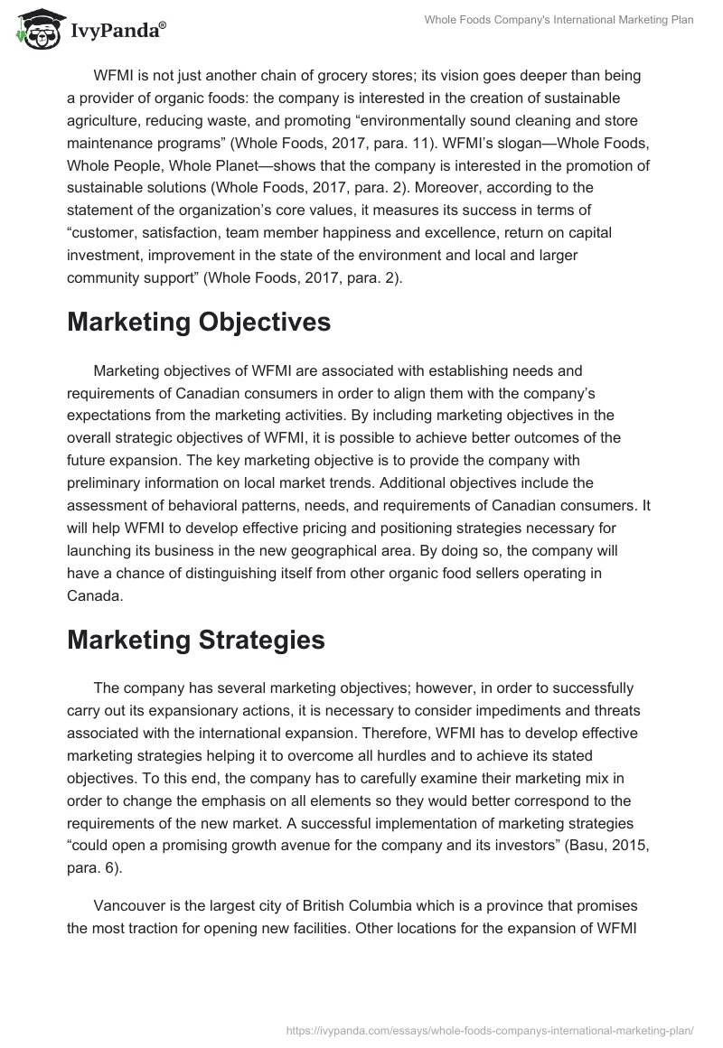 Whole Foods Company's International Marketing Plan. Page 2