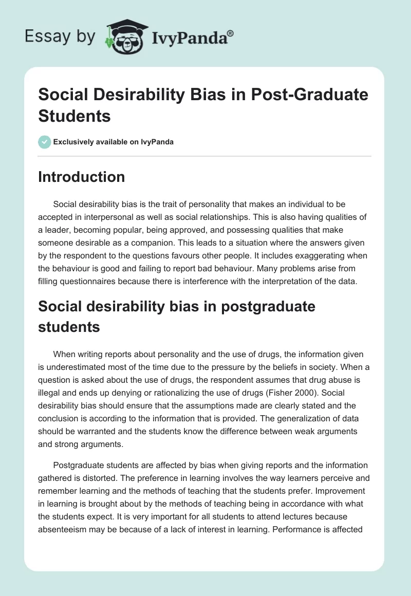 Social Desirability Bias in Post-Graduate Students. Page 1