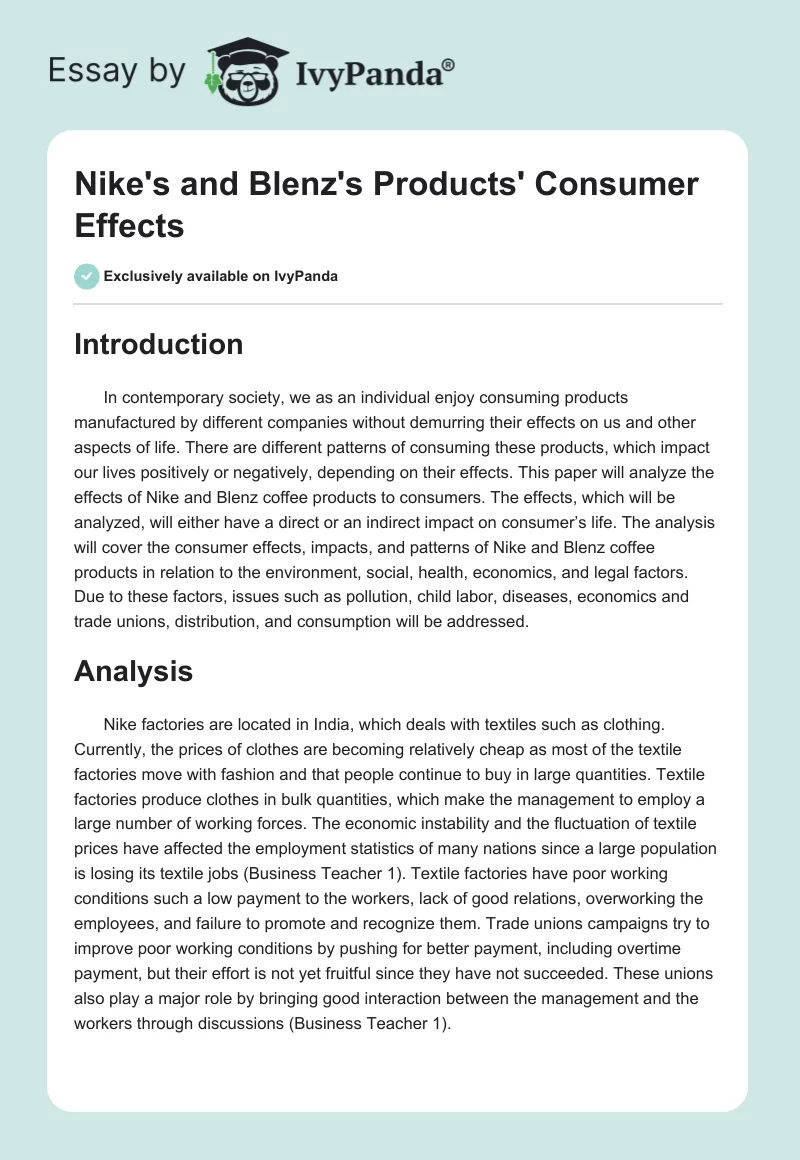 Nike's and Blenz's Products' Consumer Effects. Page 1