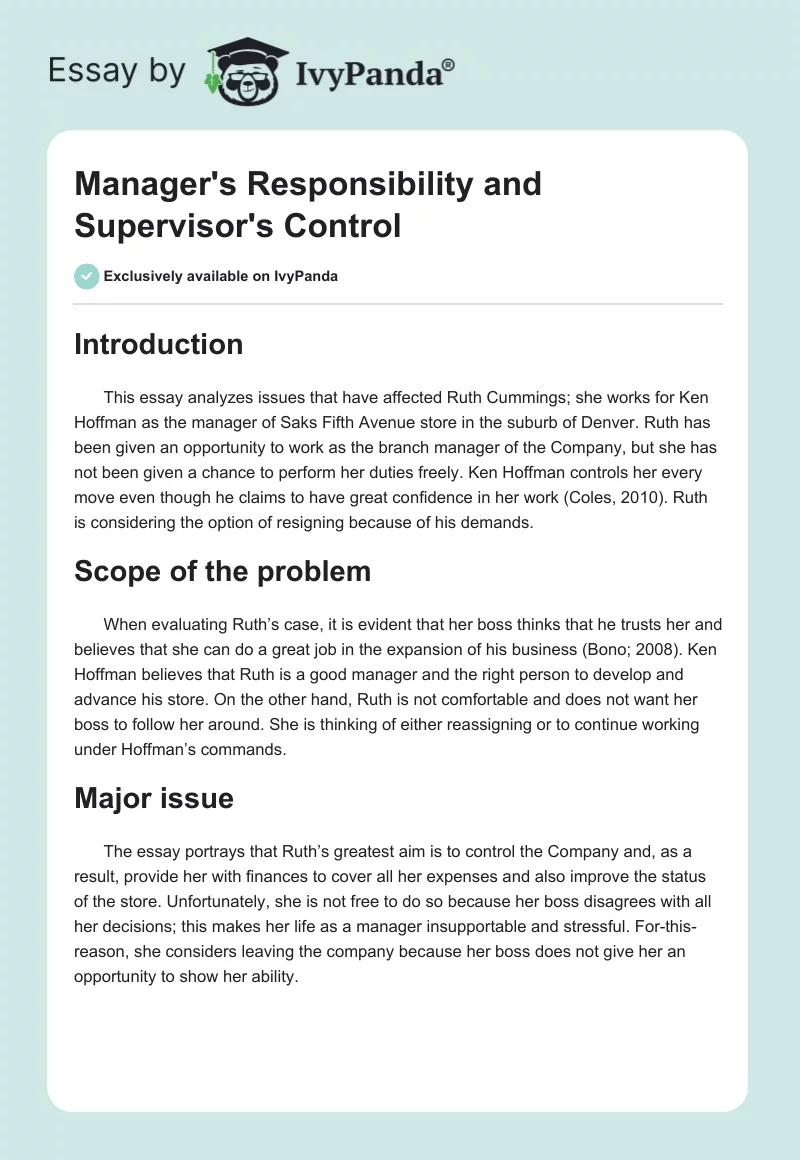 Manager's Responsibility and Supervisor's Control. Page 1