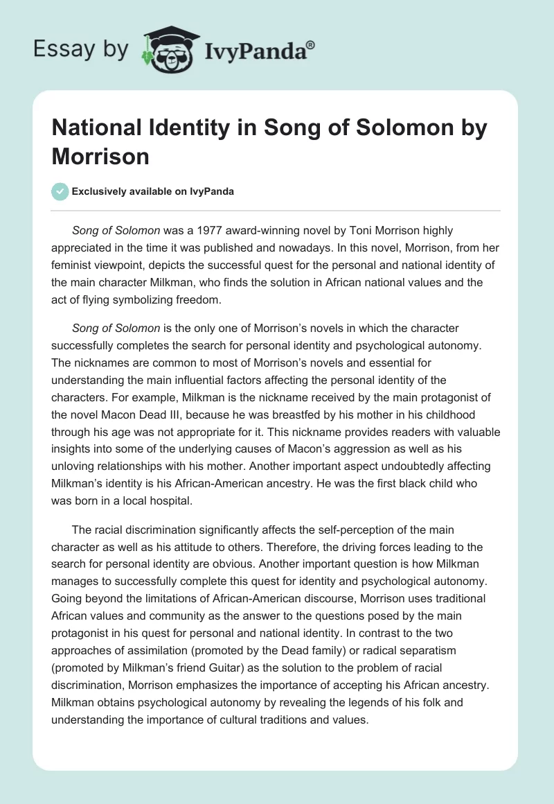 National Identity in "Song of Solomon" by Morrison. Page 1