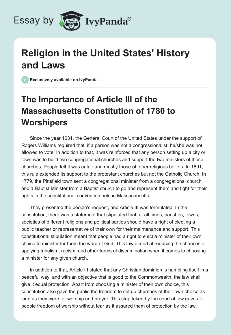 Religion in the United States' History and Laws. Page 1